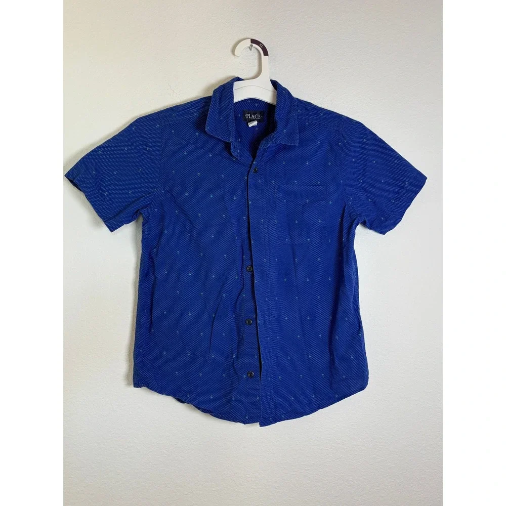 The Childrens Place Boys Blue Palm Tree Micro Dot Short Sleeve Button Down 10/12